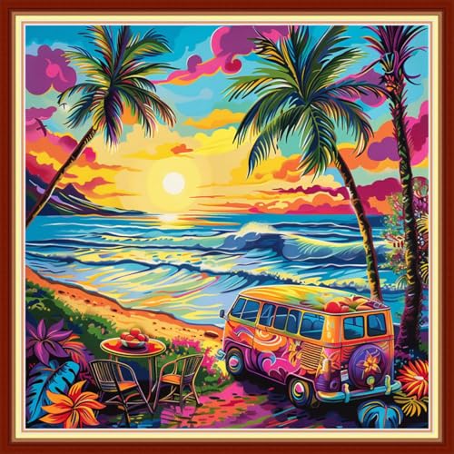 Joyhoor Stamped Cross Stitch Kits for Beginners, Needlepoint Kits for Adults, 11CT Counted Embroidery Kits-Drinking Tea by Seaside 18x18 inchs - color: Artstyle03