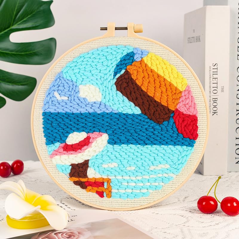 Ocean Seaside Punch Needle Kit for Beginners, Crochet Kit for Adult, All-in-One DIY Craft Set with Pre-Printed Fabric, Embroidery Hoop, Threads, Tools, Ideal Craft Gift, Home Decor - color: SUN-OCEAN