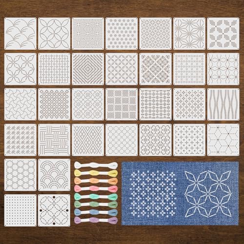 32 Pcs Sashiko Geometric Stencils Kit, 5.1"×5.1" Reusable Plastic