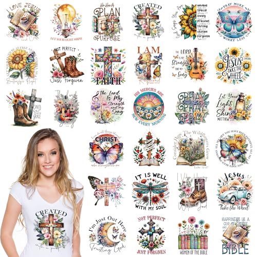 Dazoratix Religious Iron on Transfers - 30 Sheets Ready to Press Bible Verse Patches Christian Heat Transfer Vinyl Faith Stickers for T-Shirts Clothing DIY Crafts Hat Jeans Decals Clothes Decorations - style: Bible Verses-30PCs