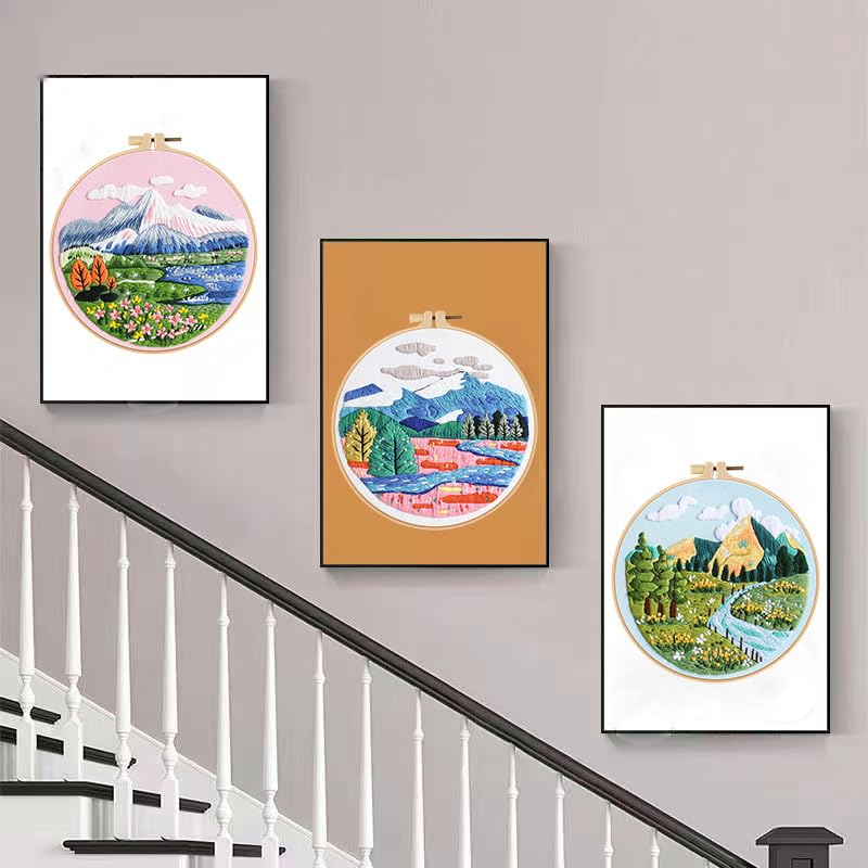 Konrisa 3 Pcs Landscape Embroidery Kits, Mountain Flower Village Pattern Cross Stitch Kit, DIY Sewing Practice Kits for Adults Home Decoration,Include Embroidery Cloth Threads and Needles,1pc Hoops - color: village