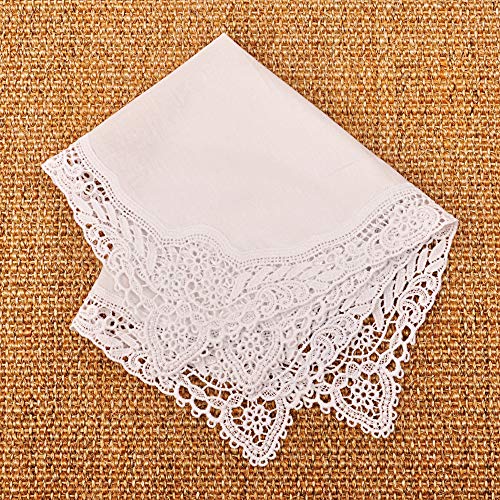 Milesky White Wedding Handkerchief Pure Cotton, Soft Ladies Hanky with Crochet Lace - color: Ch04