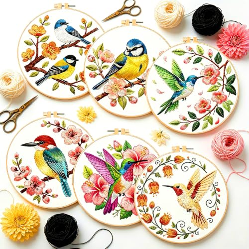 BEUNITONE 6 Set Embroidery Kit for Beginner Adults, Hummingbird & Flower Cross Stitch Set with Stamped Pattern Hoops Threads Cloth Needles, Embroidery Starter Kit for Home Decoration and Gifting - style: Flower Bird