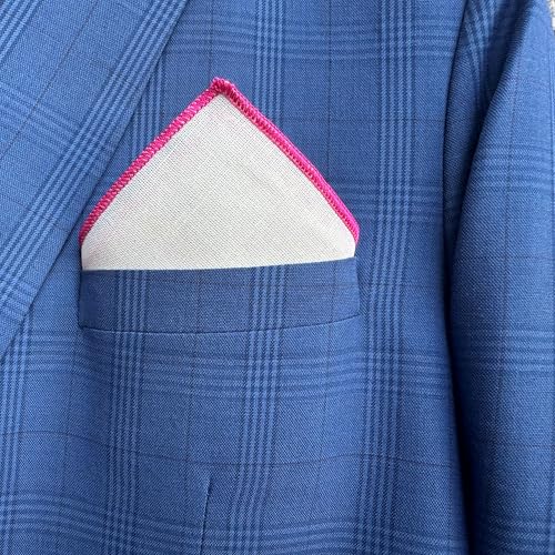 Natural Linen Pocket Squares, Embroidered Contrast Border 3 pcs, Off white - color: A7 (3-pack)
