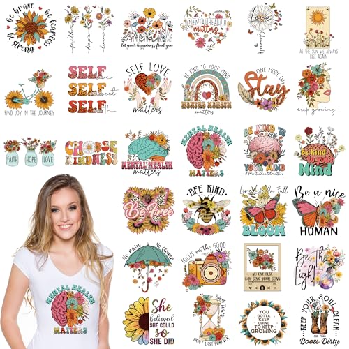 Dazoratix Mental Health Heat Transfers - 30 Sheets Inspirational Awareness Iron on Patches Design Stickers Ready to Press Positive for T-Shirts Clothing Wildflower Decals DIY Crafts Pillow Decorations - style: Mental Health-30PCs