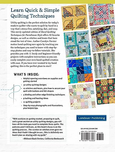 Hand Quilting Techniques for Farmhouse Style: Easy, Stress-Free Ways to Quickly Hand Quilt (Landauer) 32 Utility Designs, 11 Step-by-Step Projects, Stitches, Binding, Finishing, Basting, and More