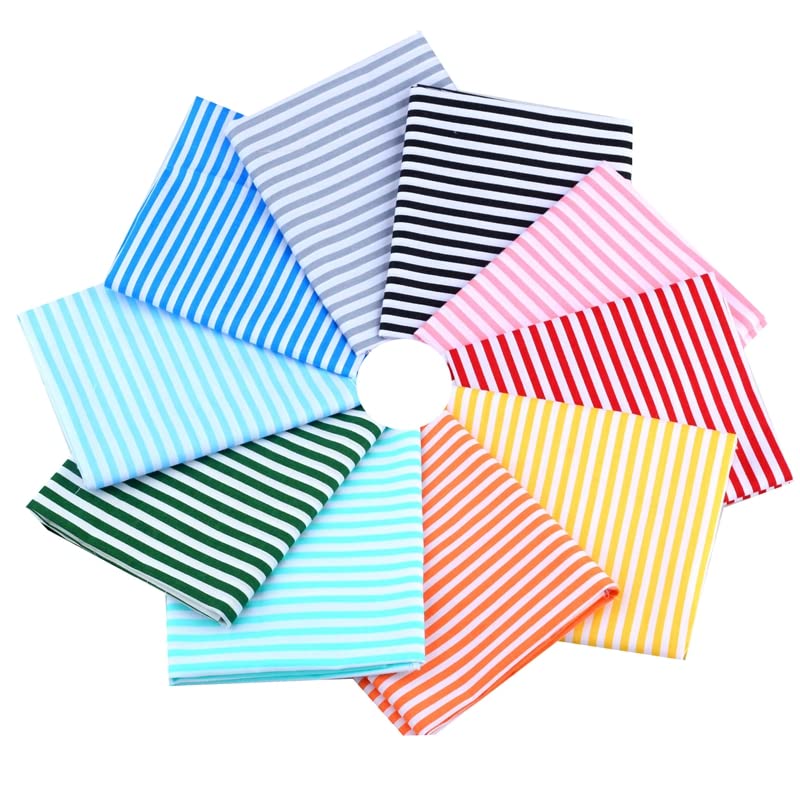 AMORNPHAN Multicolors White Stripes Printed 100% Twill Cotton Quilting Bundles Fabric for Patchwork Needlework DIY Sewing Crafting Precut Face Mask 16x20 Inches (40x50cm.) Set of 10 Pieces (Stripes) - color: Stripes