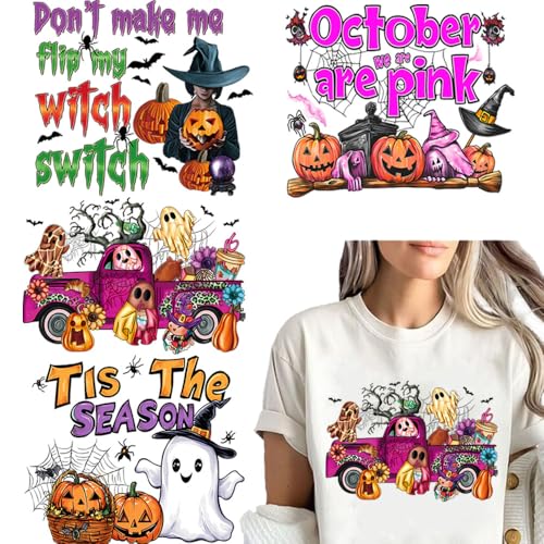 4 Sheet Halloween Iron on Transfers Stickers Cute Ghost Theme Iron on Patches Spider Pumpkin Witch Design Washable Heat Transfer Vinyl Decals for Clothes Bag Pillow Covers Fabric DIY Craft Supply - color: H