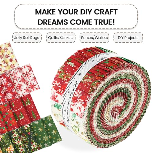 Craftido-20 Options-100% Cotton Jelly Roll Fabric Precut Strips for Quilting, Crafting, and Sewing, 40 Strips 2.5" x 44" Assorted Bundles for Rugs, Quilts, DIY Crafts and Home Decor-Winter Christmas - color: Winter Christmas
