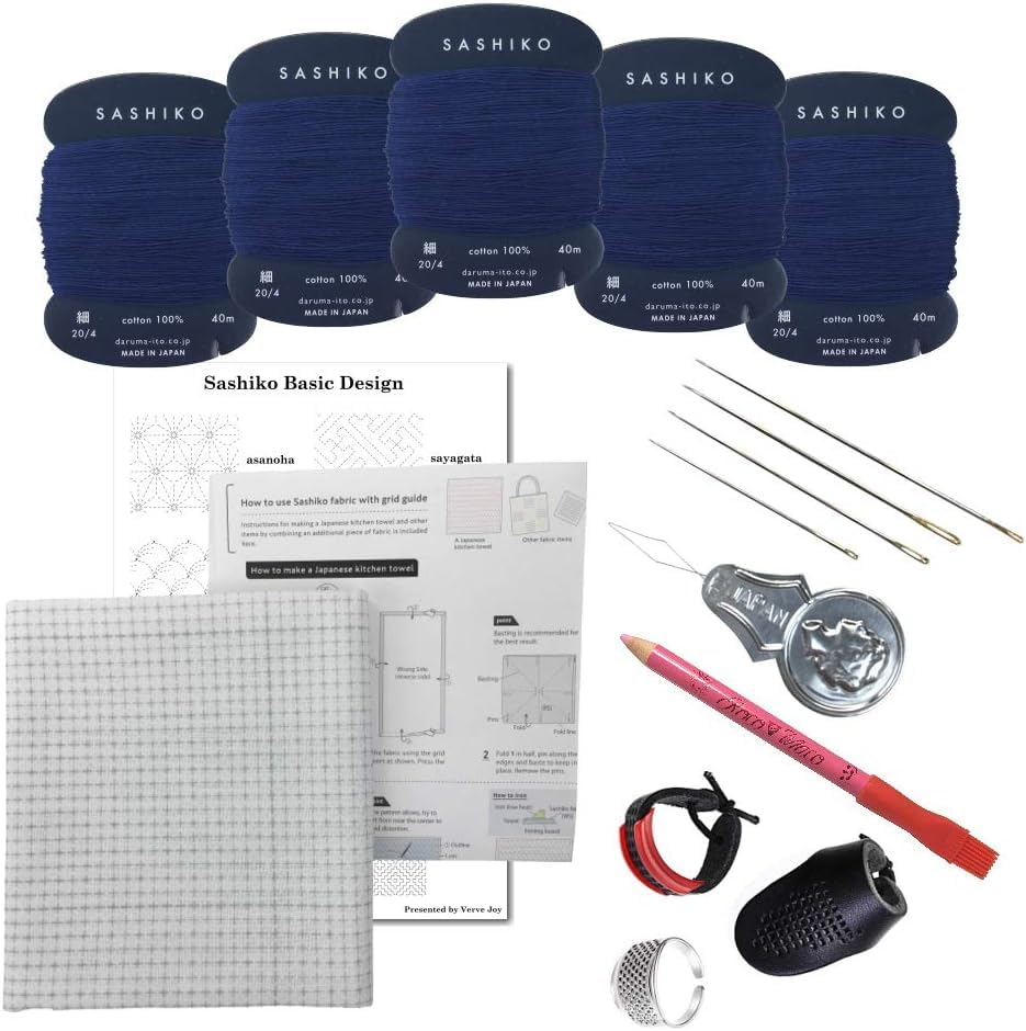 Sashiko kit, Daruma Sashiko Thread, Needles and Cotton Fabric with Grid Line Print, Marking Pencil, Thimblem and Traditional Design Sewing Set (Navy Blue Thread/White Fabric) - style: Navy Blue Thread / White Fabric