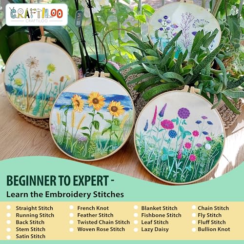 Embroidery Kit for Beginners Adults - 4 Floral Patterns, Learn 17 Stitches - color: 4 Watercolor Flowers