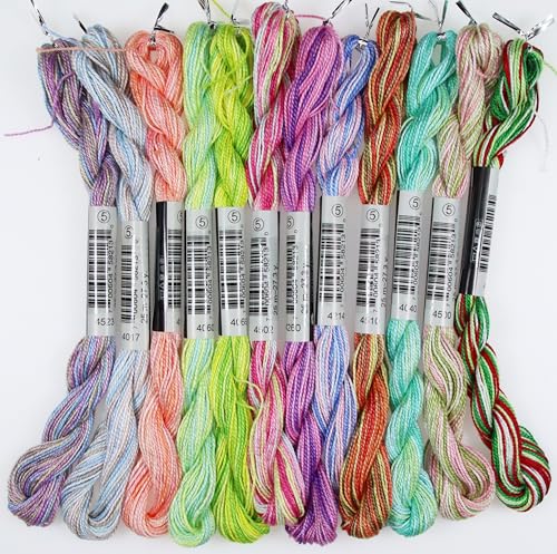 KCS 328 Yards Mercerized Pearl Cotton Crochet Needlepoint Thread,Size 5,12 skeins,Color Variegated - color: 12 Color variegated 01, size: 12 skeins