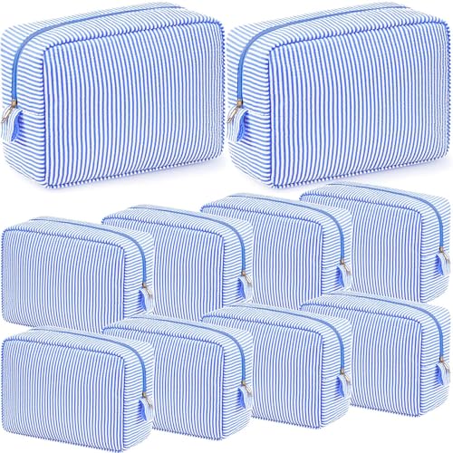 Sanwuta 10 Pcs Seersucker Cosmetic Bag Seersucker Makeup Bag Women Stripe Large Travel Toiletry Organizer Preppy Storage Pouch for Embroidery Wedding Bridesmaid Bride Mom (Navy Blue) - color: Navy Blue