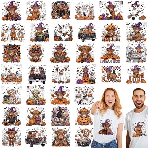 Tellingyou 36 Sheet Halloween Iron on Transfer Highland Cow Dtf for T Shirt - style: Halloween
