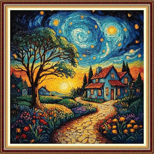 Fanxvivy Stamped Counted Cross Stitch Kits for Adults Printed Cross-Stitch Patterns 11CT Stamped or Counted Cross Stitching Embroidery Kit Needlepoint Kits-Starry Night Garden Trail 18x18 inch - color: Artkits06