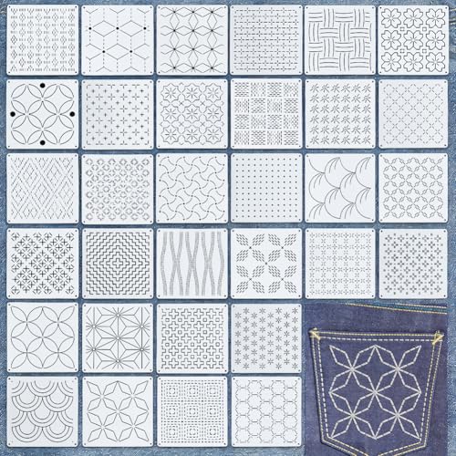 AHANDMAKER 32pcs Reusable Sashiko Stencils Japanese Embroidery Template Kit Geometric & Floral Patterns for Hand Quilting Patterns Christmas Visible Mending Fabric Painting, 5.12in x 5.12in