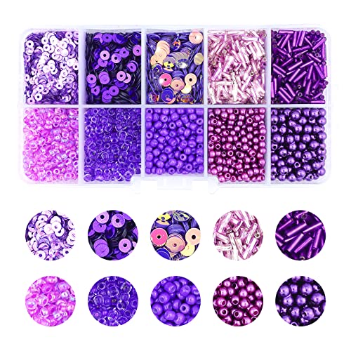 1 Box of Mixed Craft Beads Including Glass Bugle Seed Pearl Semi-Cupped Sequins Beads for DIY Arts Crafts Sewing Embroidery Clothing Jewelry Making (Purple, Assorted Size)
