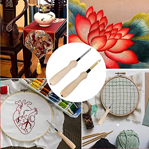 2 Pcs Embroidery Needle Pen and Threaders Wooden Handle Embroidery Pen Set Sewing Embroidery Punch Needle Weaving Tools for DIY Craft Stitching Applique Embellishment