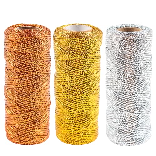 1.5mm Metallic String Decorative Metallic Bakers Twine Metallic Thread Rope for Craft Jewelry Making DIY Christmas Ornament Hanging Decoration, 3 Color B, 330 Yard - color: 3 Color B