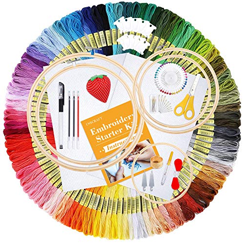 INSCRAFT 304 Pack Embroidery Kit, 200 Colors Threads, 5 Pcs Bamboo Embroidery Hoops, 2 Pcs Aida Cloth, Instructions, Bag and Cross Stitch Tools Set, Hand Embroidery Starter Kit for Beginners Adults