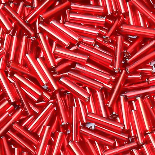4200pcs Glass Bugle Beads, Mini Long Tube Seed Beads Bulk, Tiny Small Loose Spacer Embroidery Beaded for Bracelets Jewelry Making Sewing, Crafts, Christmas Ornaments, 2×6mm, Dark Red - color: Medium blue