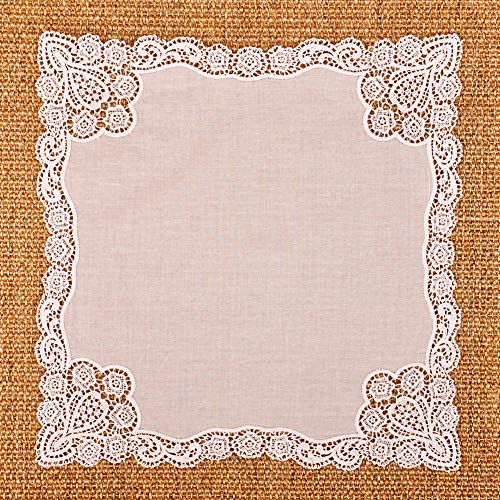 Milesky White Wedding Handkerchief Pure Cotton, Soft Ladies Hanky with Crochet Lace - color: Ch06
