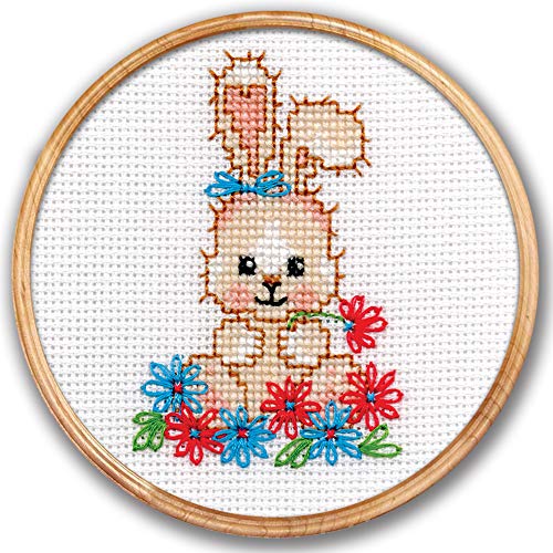 Povitrulya Cross Stitch Kit 'Bunny in Flowers' - DIY Spring Embroidery Design with Baby Rabbit Counted Pattern - color: Bunny in Flowers
