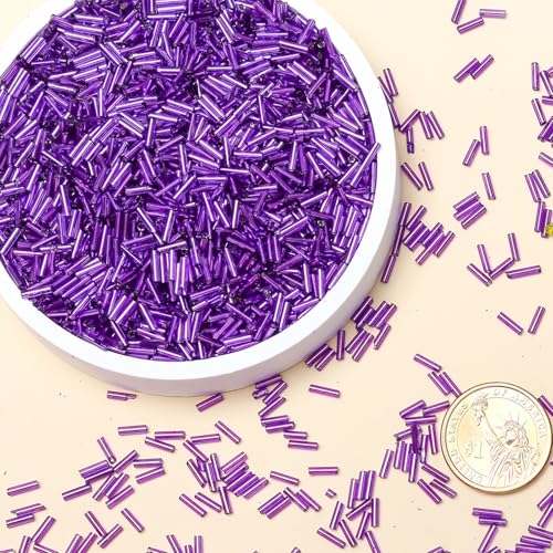 2000pcs Glass Bugle Beads, Tube Beads Bulk, Mini Long Tiny Small Waist Loose Spacer Embroidery Beaded for Bracelets Jewelry Making Sewing, Crafts, 2×6mm, Purple - color: Purple