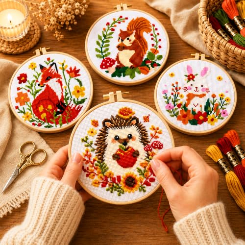 Zhenqing 4 Pack Woodland Animal Stamped Cross Stitch Kit, 11CT Printed Fox Squirrel Hedgehog Bunny Patterns with Hoop and Tools for Adults and Beginners - color: Fox Squirrel Hedgehog Bunny