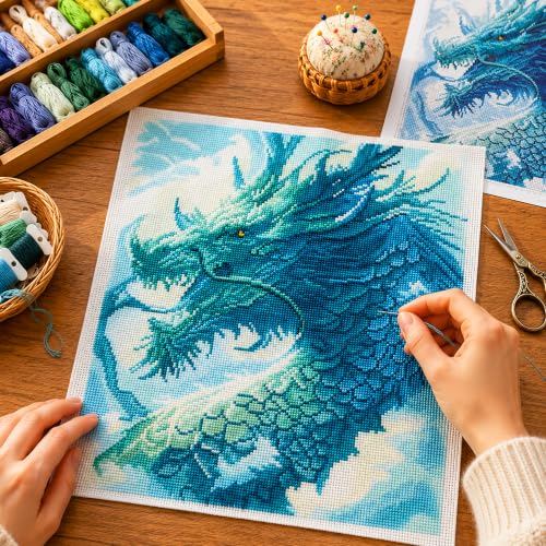 Zhenqing Dragon Stamped Cross Stitch Kit for Beginners, 11CT Printed Full Coverage Blue Green Chinese Dragon Pattern, 40 x 50 cm Fantasy Animal Embroidery Needlework Set, No Hoop Needed - color: Misty Blue Dragon