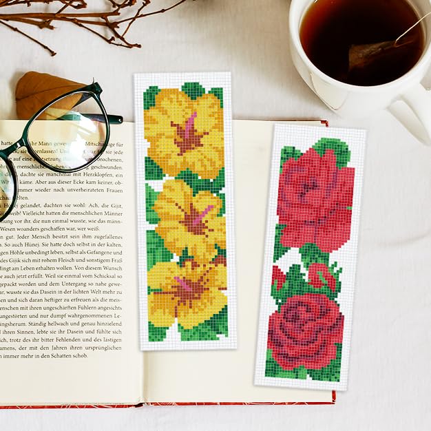 INFUNLY 6pcs/Set Large Roses Cross Stitch Bookmarks Kit Sunflower Tulip DIY Stamped Embroidery Bookmark Calla Lilies Flower Handmade Cross Stitch Bookmark with Backing Felt Instruction for Book Lovers - style: Large Flowers