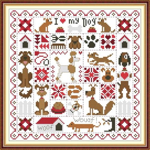 Meecaa Cross Stitch Kits 14 Count Stamped, Dog House Animals Embroidery Kit with Accessories Pre Printed (29×29cm)(Dog House) - color: Dog House