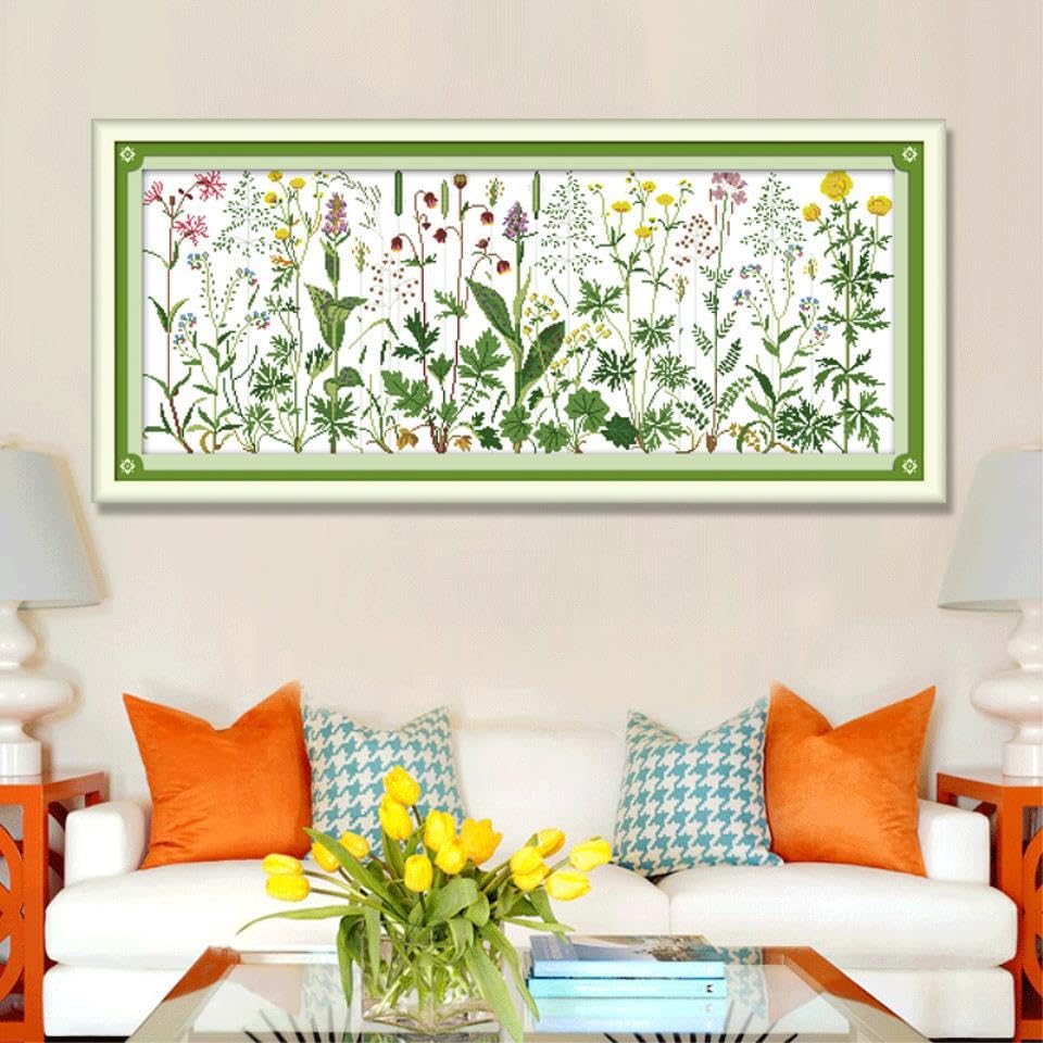 Rosyfoxes Cross Stitch Kits Stamped Full Range of Embroidery Starter Kits for Beginners DIY- Printed kit Flowers on the Meadow(Printed) 11CT 42.5×18.9inches - color: Flowers on the meadow 42.5×18.9inches