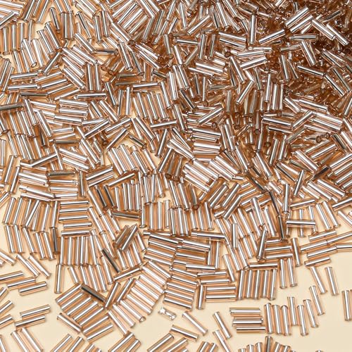 2000pcs Glass Bugle Beads, Tube Beads Bulk, Mini Long Tiny Small Waist Loose Spacer Embroidery Beaded for Bracelets Jewelry Making Sewing, Crafts, 2×6mm, Champagne Pink - color: Champagne Pink