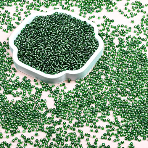 Legefo 4mm Glass Seed Beads Bulk, Green with Silver 6/0 Small Mini Pony Seed Beads, Tiny Round Craft Bead for Bracelet Necklace Wrist Jewelry Making Beading Weaving DIY Crafts Supplies, 1000pcs - color: Green with Silver