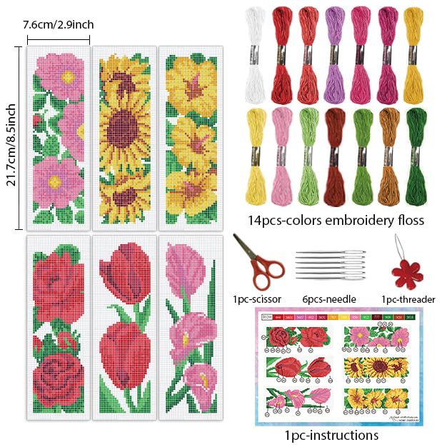 INFUNLY 6pcs/Set Large Roses Cross Stitch Bookmarks Kit Sunflower Tulip DIY Stamped Embroidery Bookmark Calla Lilies Flower Handmade Cross Stitch Bookmark with Backing Felt Instruction for Book Lovers - style: Large Flowers