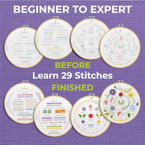 Craftwiz 4-Piece Starter Embroidery Kit for Beginners and Expert with Simple Patterns, Learn 29 Stitches with Hand Embroidery Kit