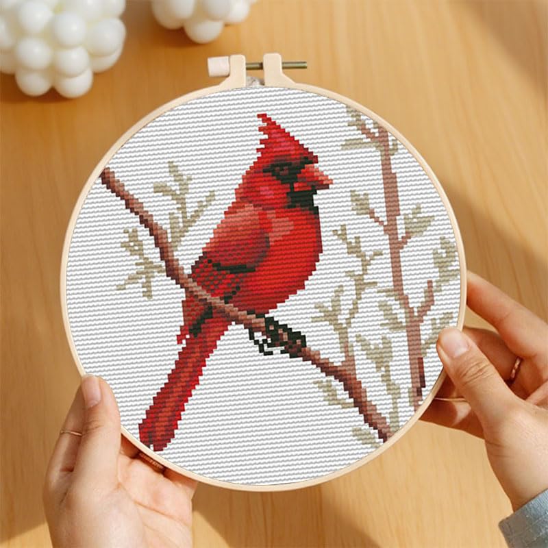 Cartoon Simple Red Cardinal on Branch DIY Stamped Cross Stitch Kits Easy for Beginners and Children with Hoop 11CT Needlepoint Counted Embroidery Kits Art Craft Wall Decoration 12x12inch(2)