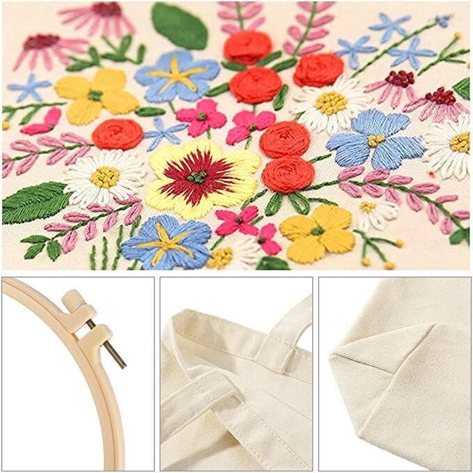 DIY Stamped Embroidery Tote Bag Kits Pansy Flower with Pattern Hoops Threads Needlework Art Reusable Shopping Storage Handbag Cross Stitch Kits Home Organizer for Woman