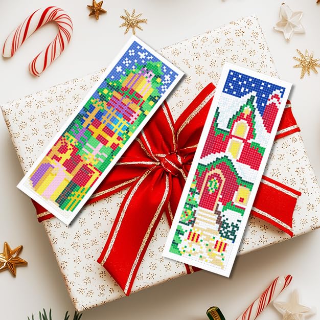 INFUNLY 6PCS Christmas Cross Stitch Bookmark Kit for Adults Xmas Tree Cross Stitch Kits DIY Crossstitch Kits Snowman Deer Stamped Embroidery Bookmark Kit with Instructions for Book Lovers Readers - style: Christmas Elements