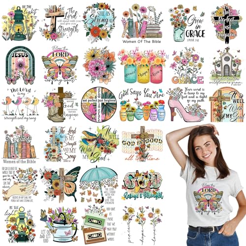 Estune 30 Pcs Christian Iron on Transfers DTF Ready to Press Bible Verses Heat Transfer Patches Vintage Boho Floral Iron on Decals for Women T Shirt Jacket Hat Pillow Covers Bags DIY Decorations - style: Christian