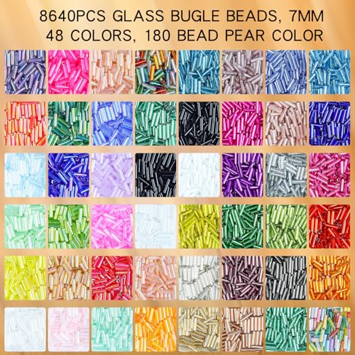 SONGIN 8640Pcs Glass Bugle Beads Kit, 2 * 7mm Tube Beads, Silverlined & Iridescent Craft Bead, 48 Colors Long Tube Bead for Jewelry Making, Embroidery, Crafts & DIY Projects - color: Colorful 01