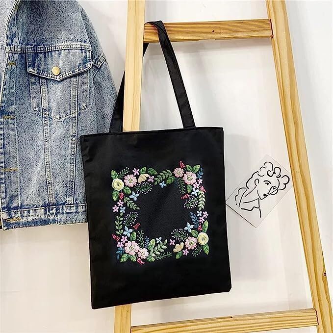 DIY Stamped Embroidery Tote Bag Kits Pansy Flower with Pattern Hoops Threads Needlework Art Reusable Shopping Storage Handbag Cross Stitch Kits Home Organizer for Woman