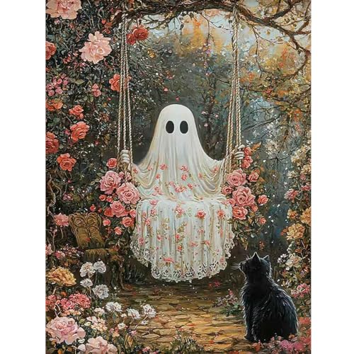 Fotasmua Halloween Stamped Cross Stitch Kits - Ghosts and Black Cats Embroidery Starter Kit for Adult Beginners, 11CT Needlepoint Cross-Stitch Patterns Kit Arts and Crafts for Home Decor 12x16 Inch - color: SZXY007-US