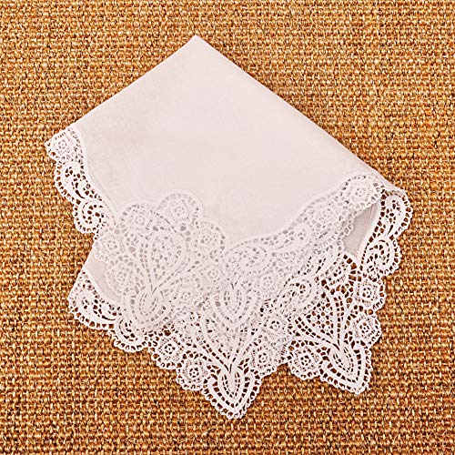 Milesky White Wedding Handkerchief Pure Cotton, Soft Ladies Hanky with Crochet Lace - color: Ch06