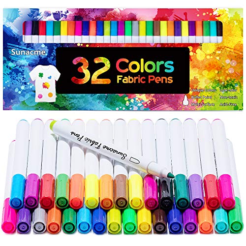 sunacme Fabric Markers Pen, 32 Colors Permanent Fabric Paint Pens