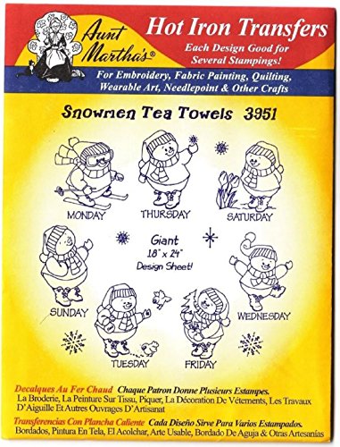 Snowmen for Tea Towels Aunt Martha's Hot Iron Embroidery Transfer