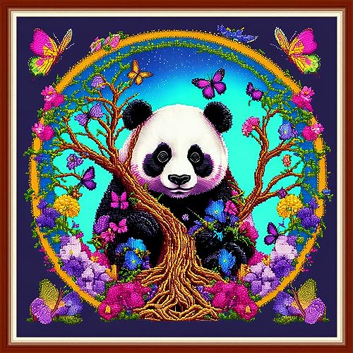 Dimensean Stamped Cross Stitch Kits Full Range of Embroidery Patterns Starter Kits for Beginners Adult DIY Cross Stitches Needlepoint Kits 11CT-Panda Flower 17.7x17.7 inch - color: Pattern Style 17