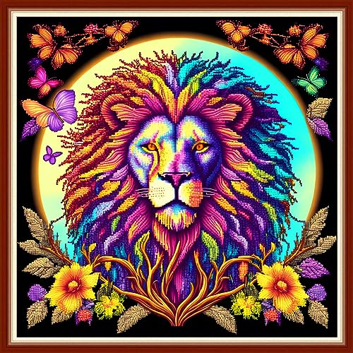 Dimensean Stamped Cross Stitch Kits Full Range of Embroidery Patterns Starter Kits for Beginners Adult DIY Cross Stitches Needlepoint Kits 11CT-Colorful Lion 17.7x17.7 inch - color: Pattern Style 09