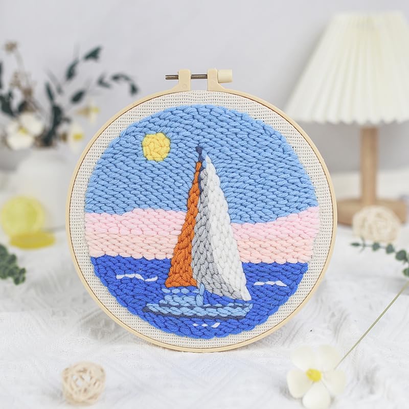 Sailboat Punch Needle Kit for Beginners - 8 Inch DIY Embroidery Starter Set with Pre-Printed Fabric, Hoop, Yarn & Tools - Adult Crochet Craft Gift for Home Wall Decor - color: BLUE-SAIL